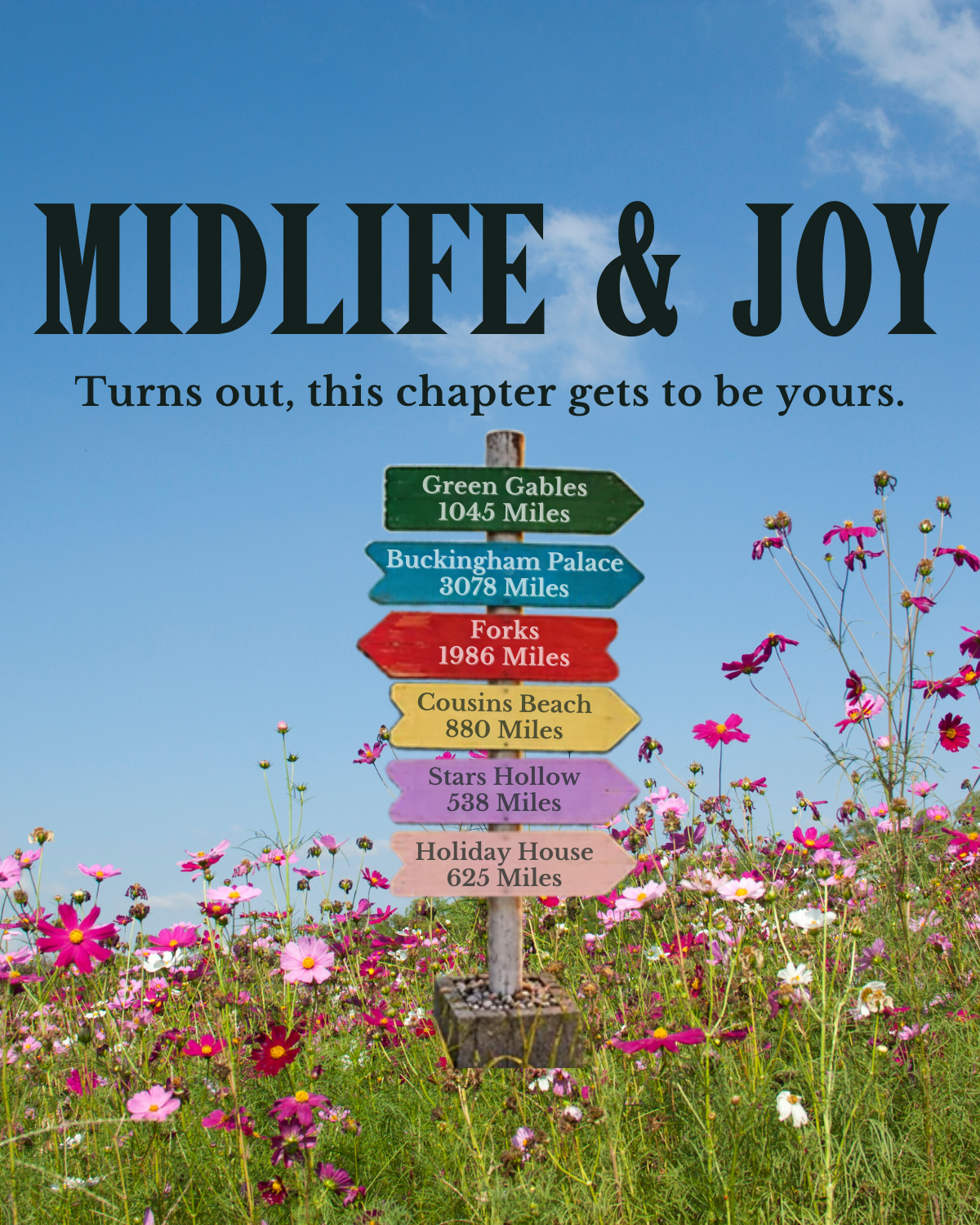 Midlife & Joy — Turns out, this chapter gets to be yours. Colorful destination signpost in a flower field.