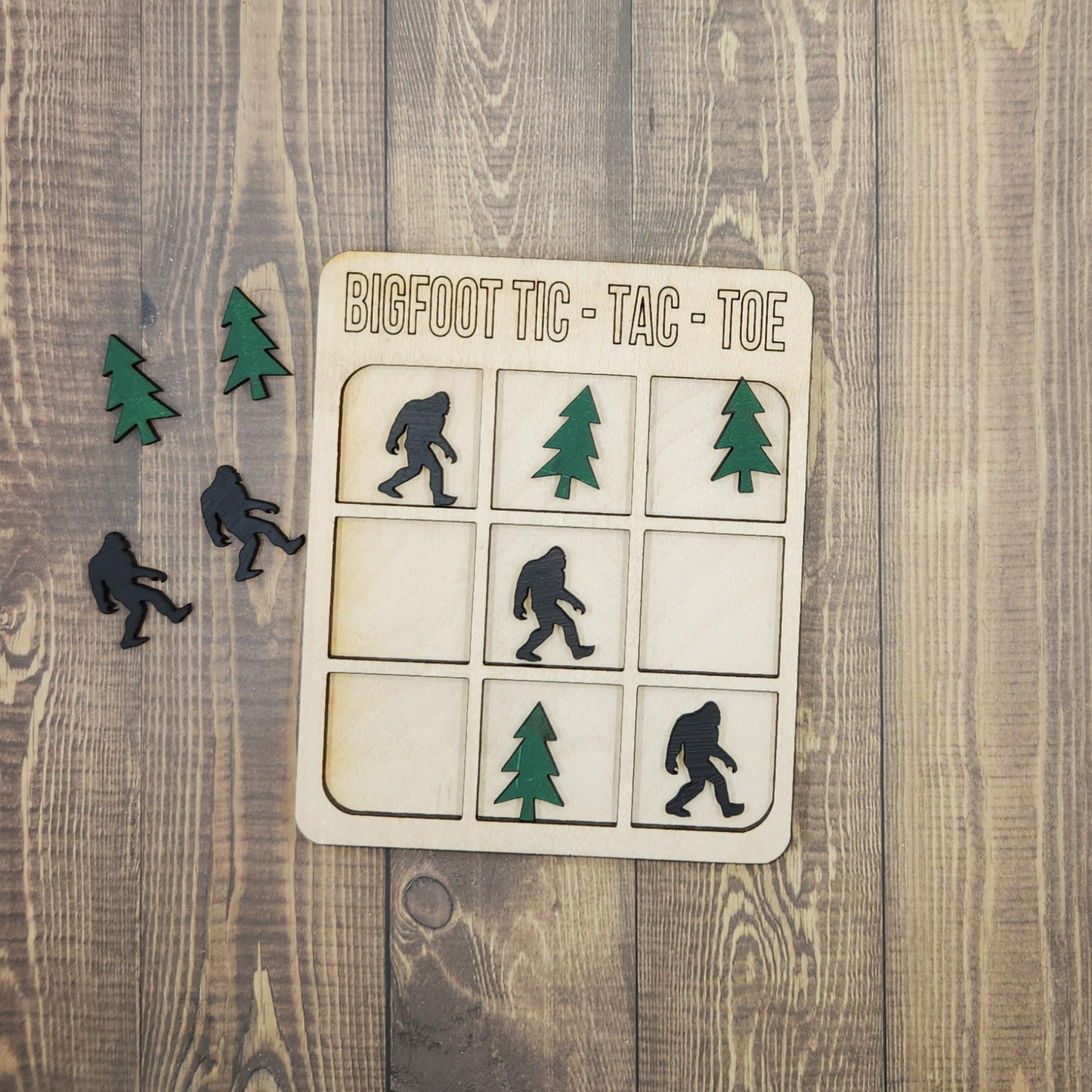 Bigfoot-Themed Wooden Tic Tac Toe Board – 5" x 4"