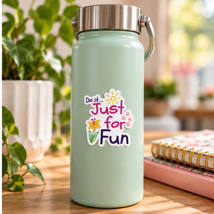 Just for Fun sticker at smaller scale on sage green water bottle, lifestyle mockup
